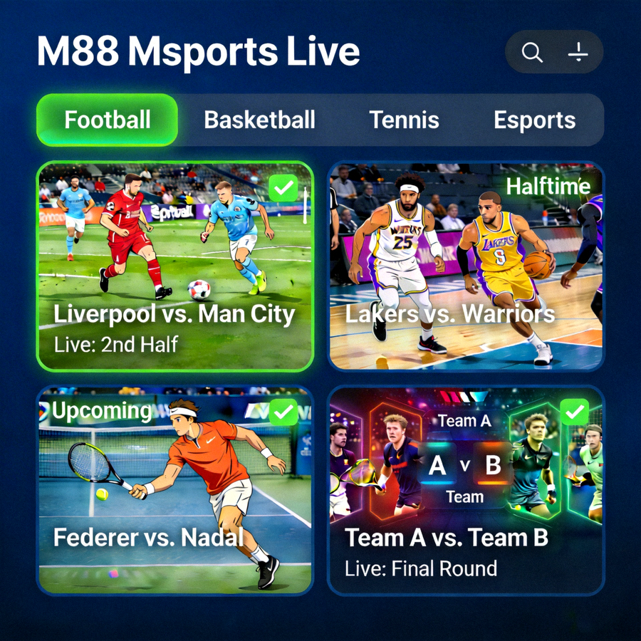 Ilustrasi antarmuka M88 Msports dengan berbagai pertandingan olahraga live yang sedang berlangsung