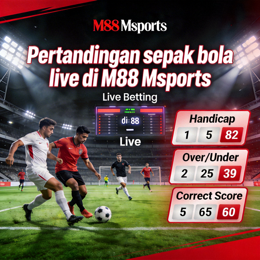 Pertandingan sepak bola live dengan berbagai pilihan taruhan seperti handicap, over/under, dan correct score di M88 Msports
