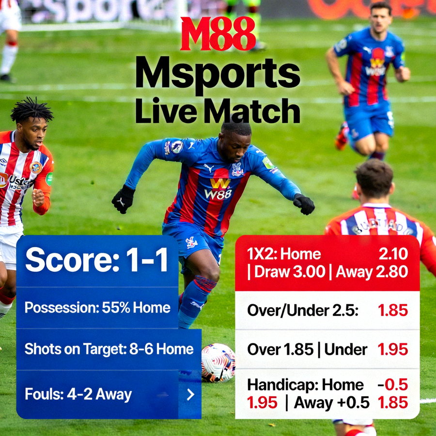 Tampilan detail pertandingan live di M88 Msports dengan statistik dan pilihan taruhan