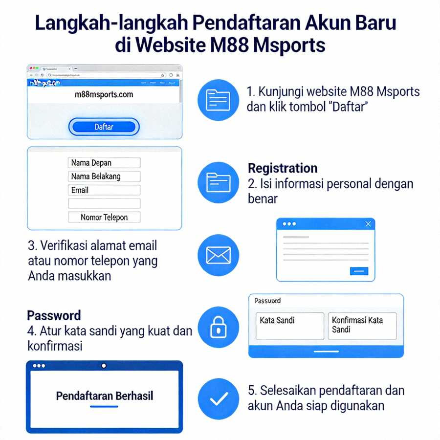 Tampilan langkah-langkah pendaftaran akun baru di website M88 Msports