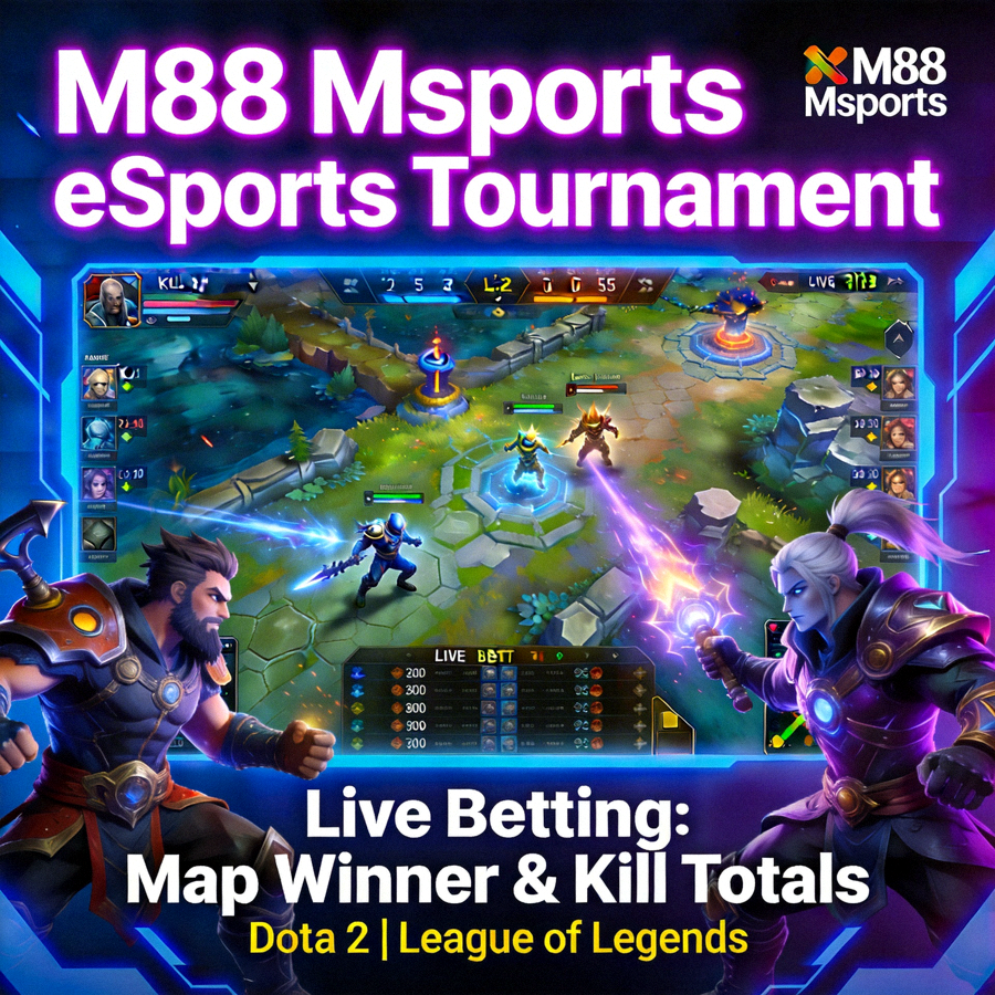 Turnamen eSports seperti Dota 2 atau League of Legends dengan taruhan live pada map winner dan kill totals di M88 Msports
